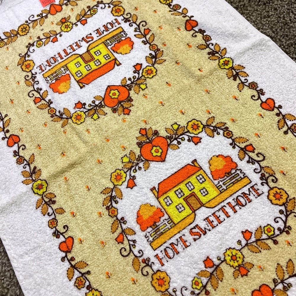 VTG‎ CANNON Home Sweet Home Hand Kitchen Towel Fringe 70s NOS Farmhouse Heart